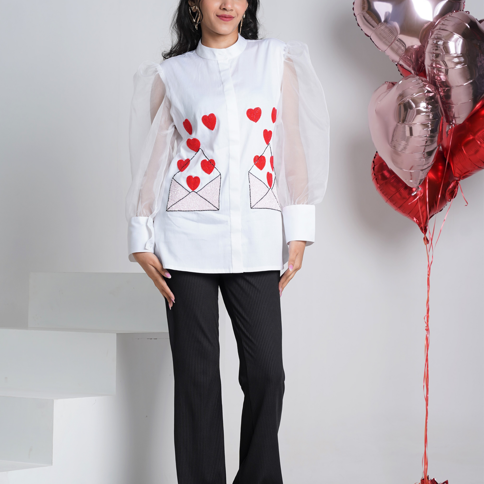 Envelope full of Hearts Embroidered Pure Cotton  White Shirt
