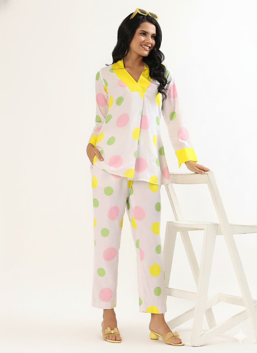 White Polka dot Affaire Cotton A-shape  Coord Set
