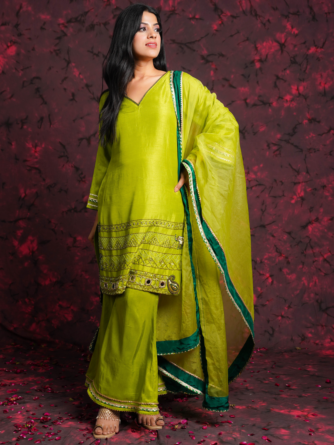 Green Hand Embroidered Raw Silk Suit Set