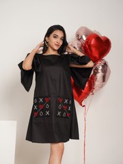 Criss Cross Black Hand Embroidered Pure Cotton A- shape dress