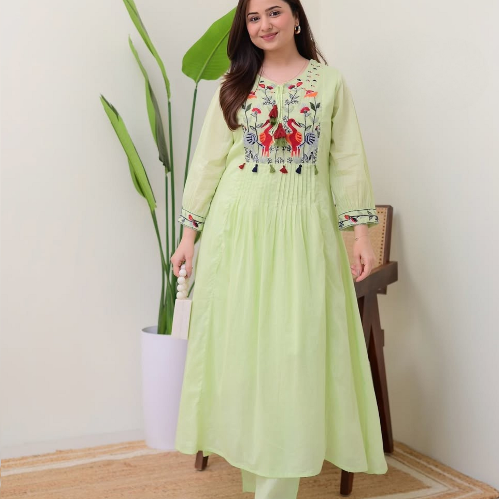 Cotton Embroidered Kurta set-Green