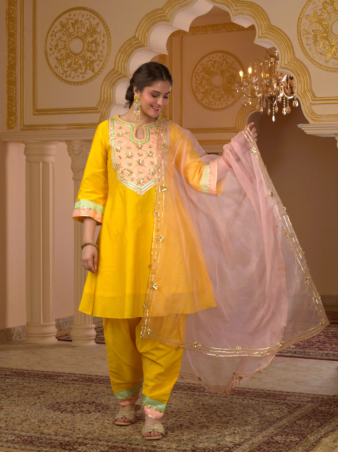 Suninspired bright Yellow A-shape Gota patti Mul Chanderi Suit set