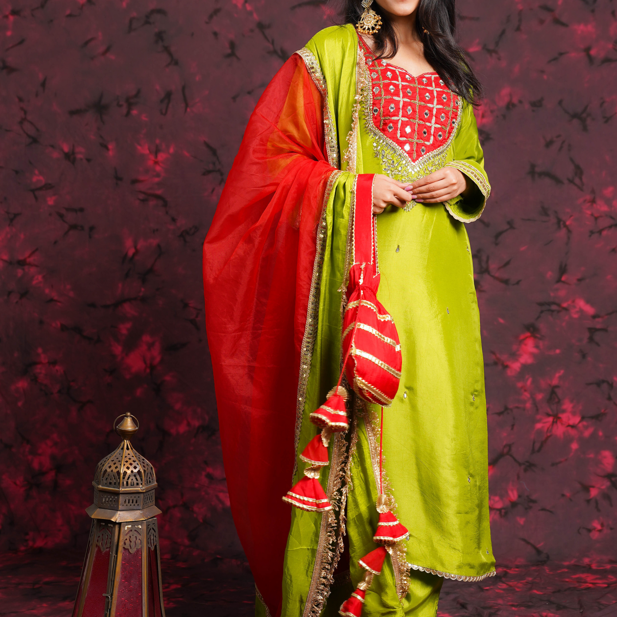 Sheeshphool Mehendi Green Silk Hand Embroidered Suit Set