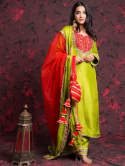 Sheeshphool Mehendi Green Silk Hand Embroidered Suit Set