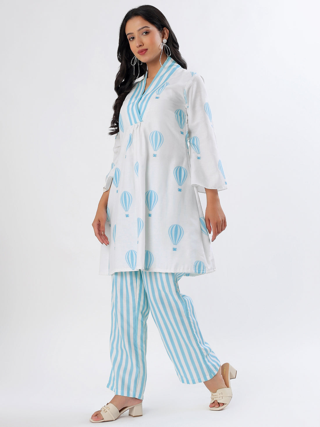 Whimsical White & Blue Hot Air Balloon A-shape Cotton Coord Set