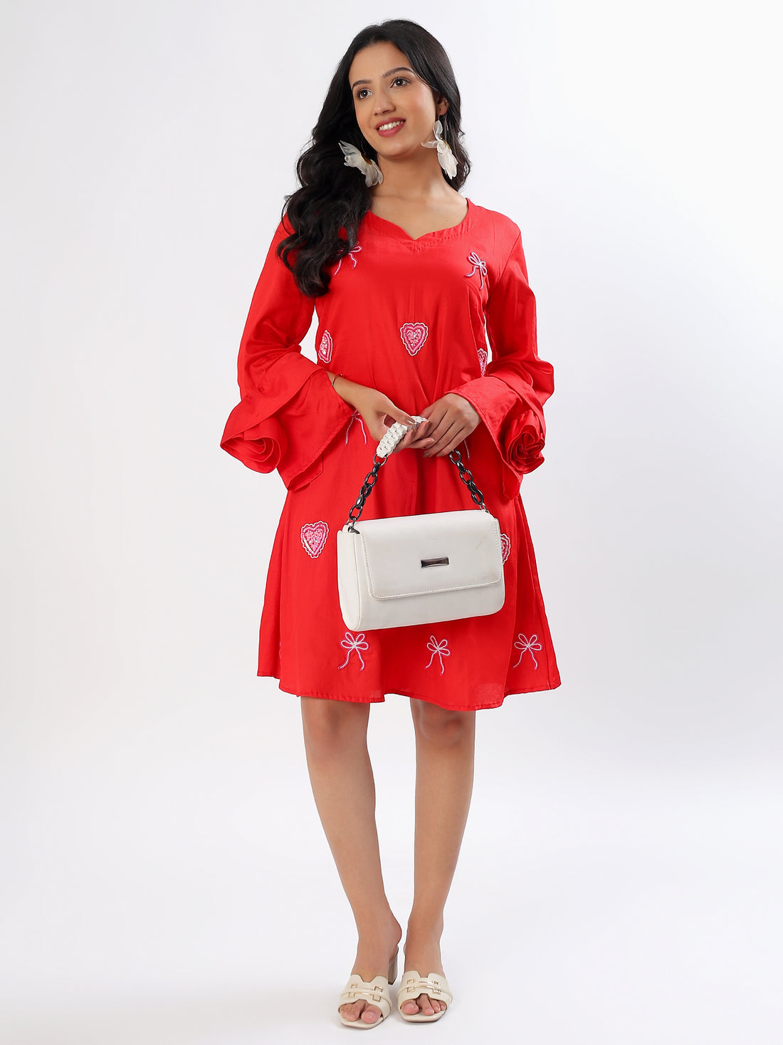 Red Hearts & Bows A-shape Cotton Dress