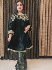 Bottle Green A Line Hand Embroidered Velvet Suit With Sharara