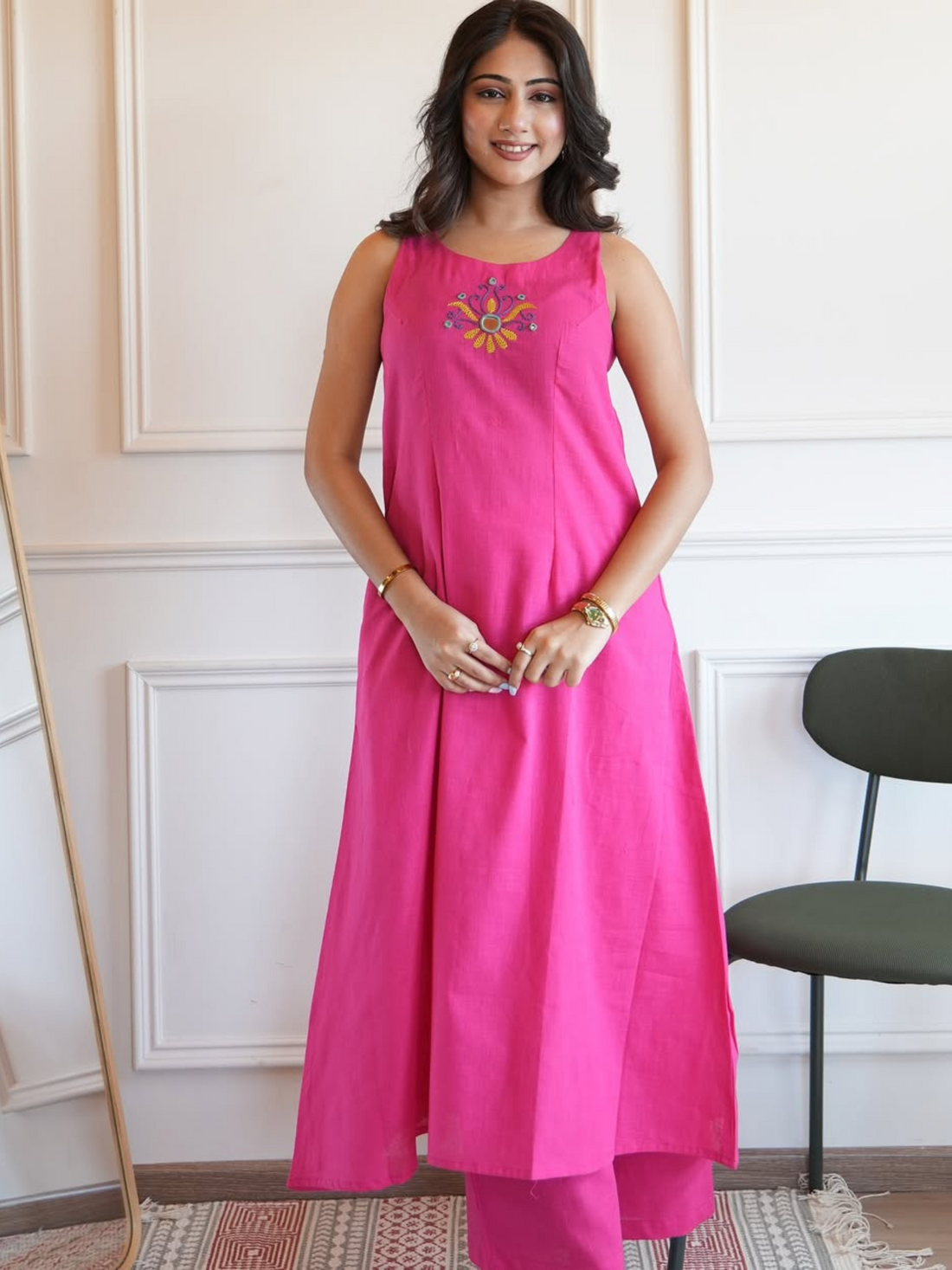 Pure Cotton Slub A-line Pink Kurta Set with Palazzo