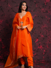 Pichwai Art Orange Silk Hand Embroidered Suit Set