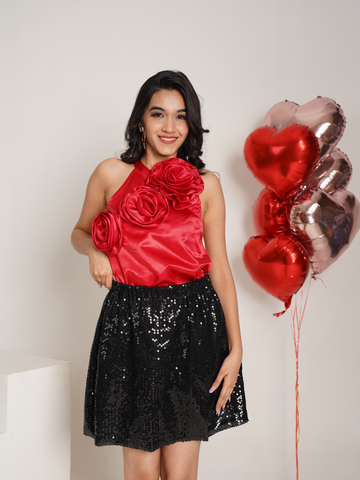 Red Satin Halter style Top & Black Sequence Skirt