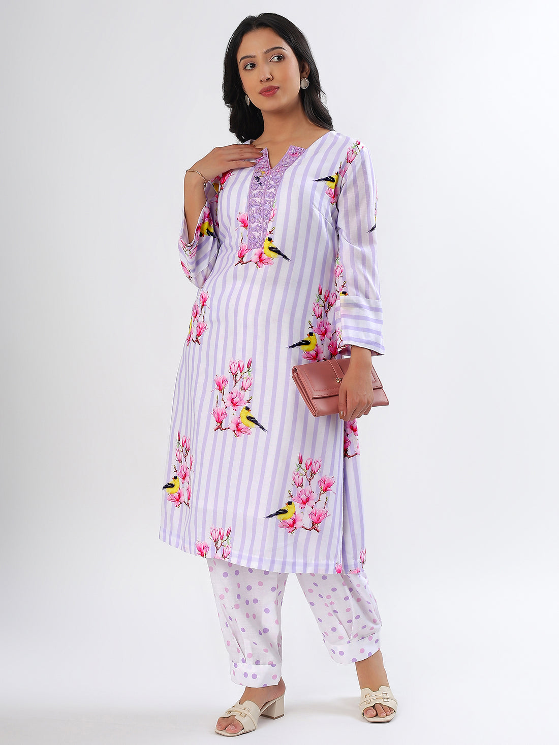 Lavender Stripes & Polka Cotton Kurta Set