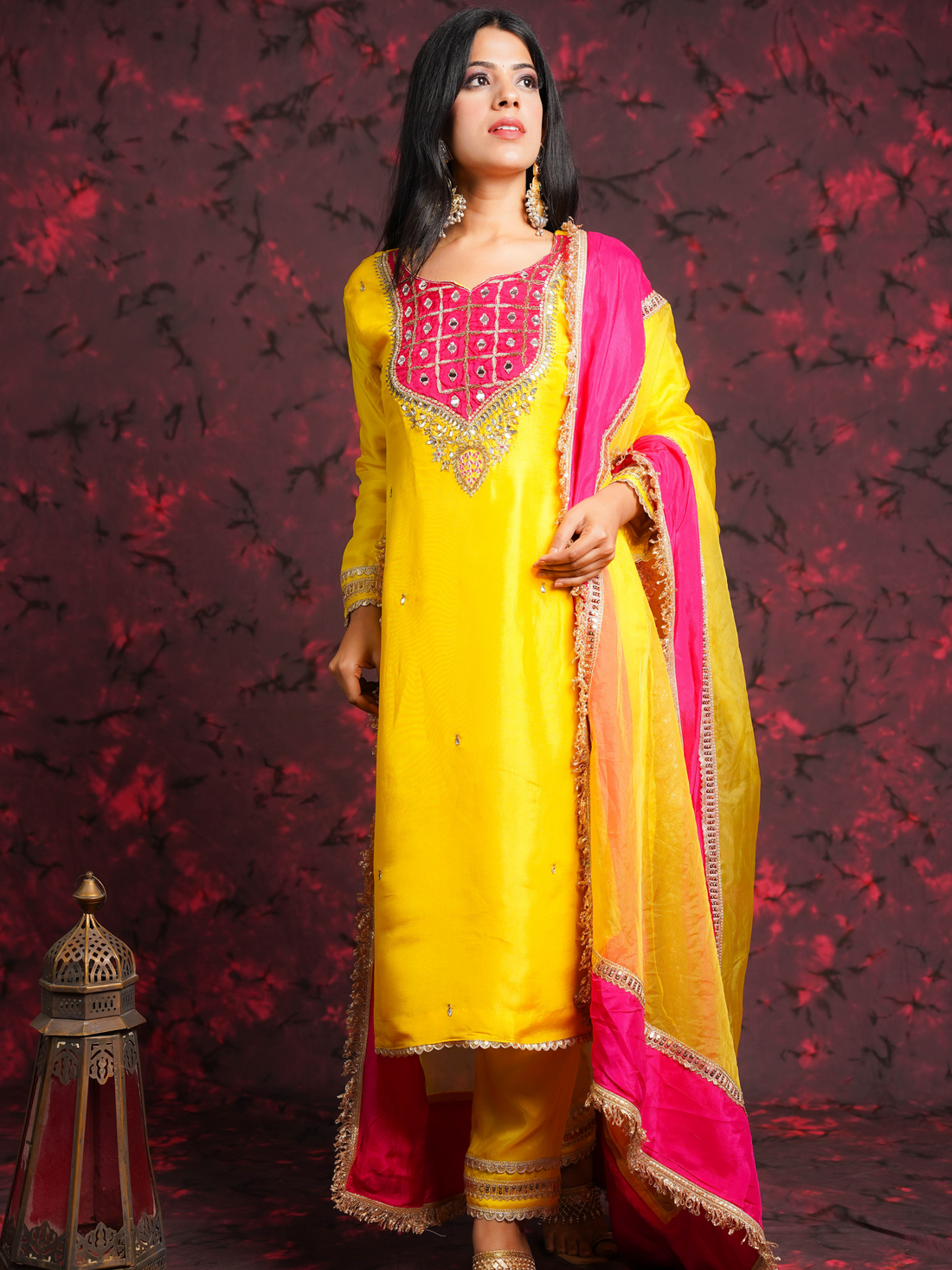 Sheeshphool Yellow & Pink Silk Hand Embroidered Suit Set