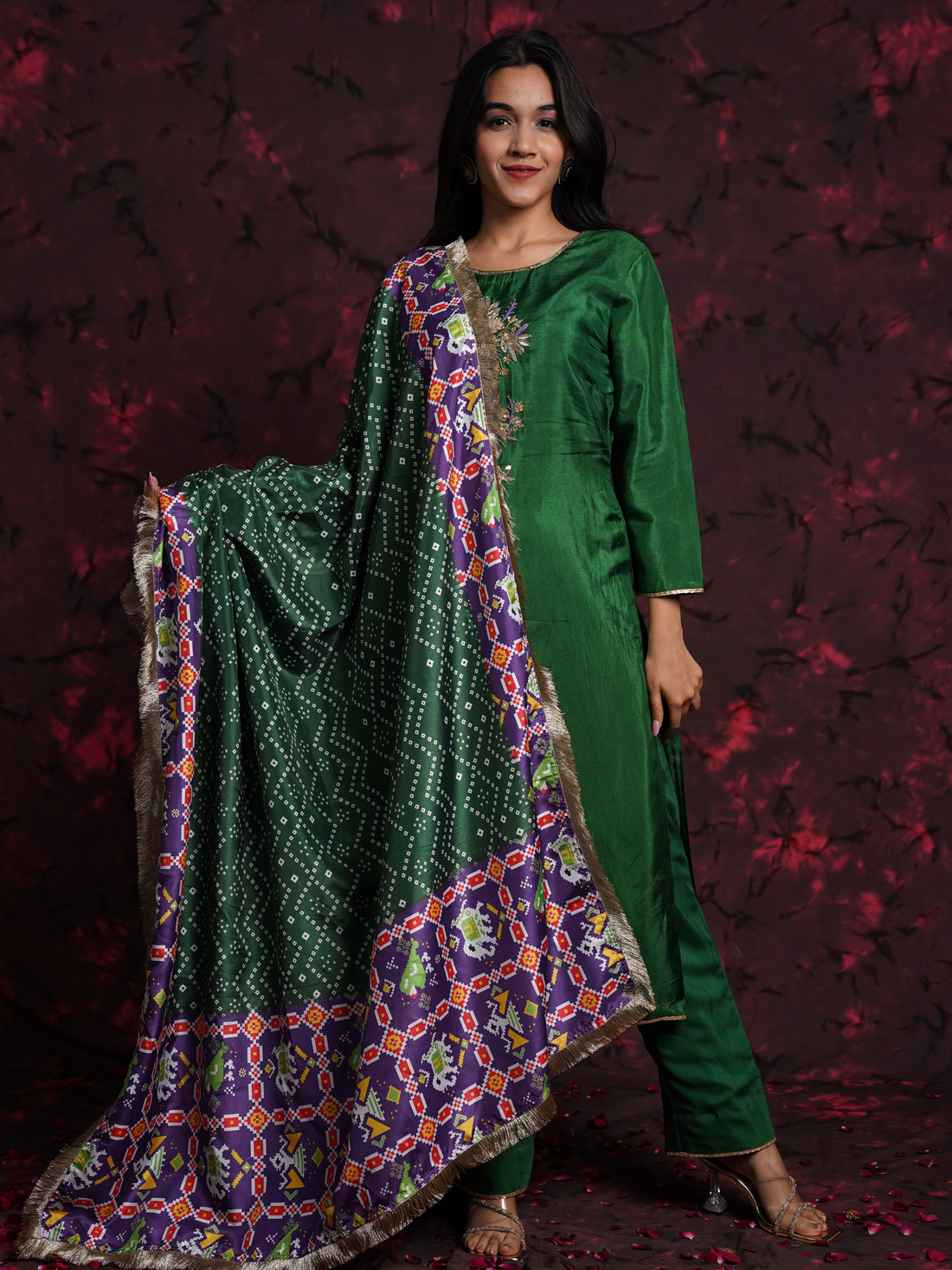 Bottle Green Hand Embroidered Silk Suit with Bandhani & Patola Dupatta