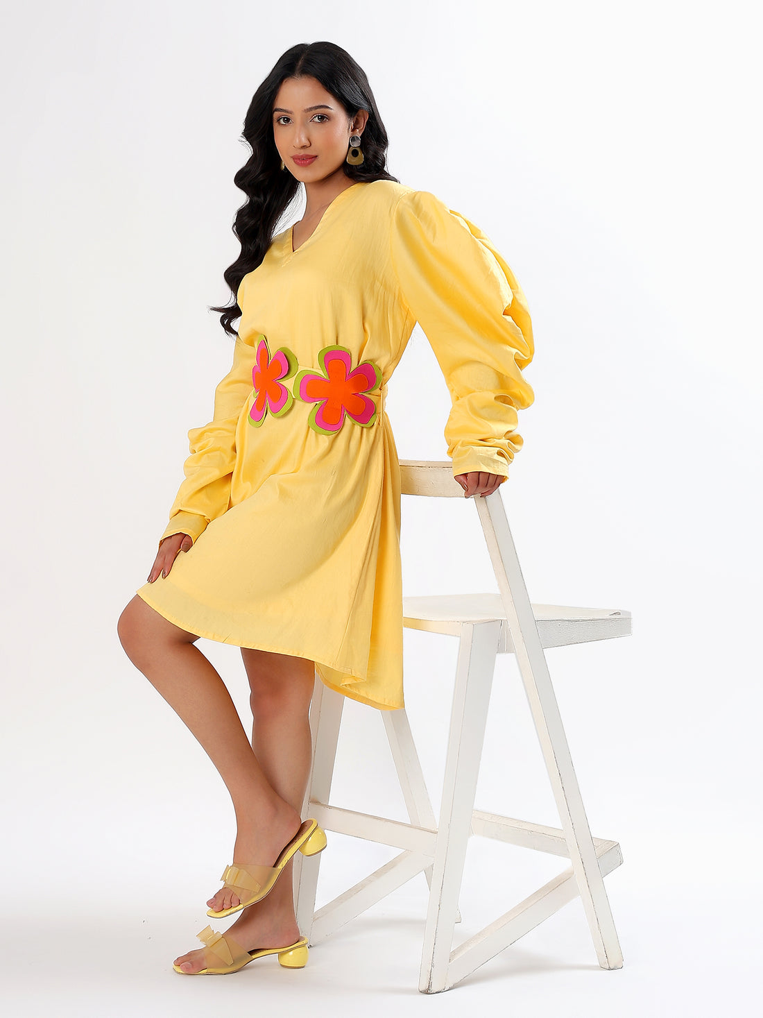 Sun Power A-shape Cotton Dress with Flowers on Belt