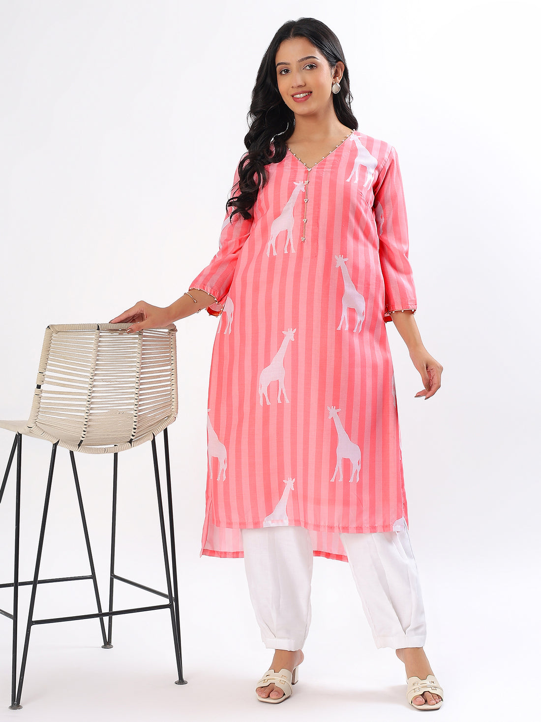 Peach Giraffe Cotton Kurta Set