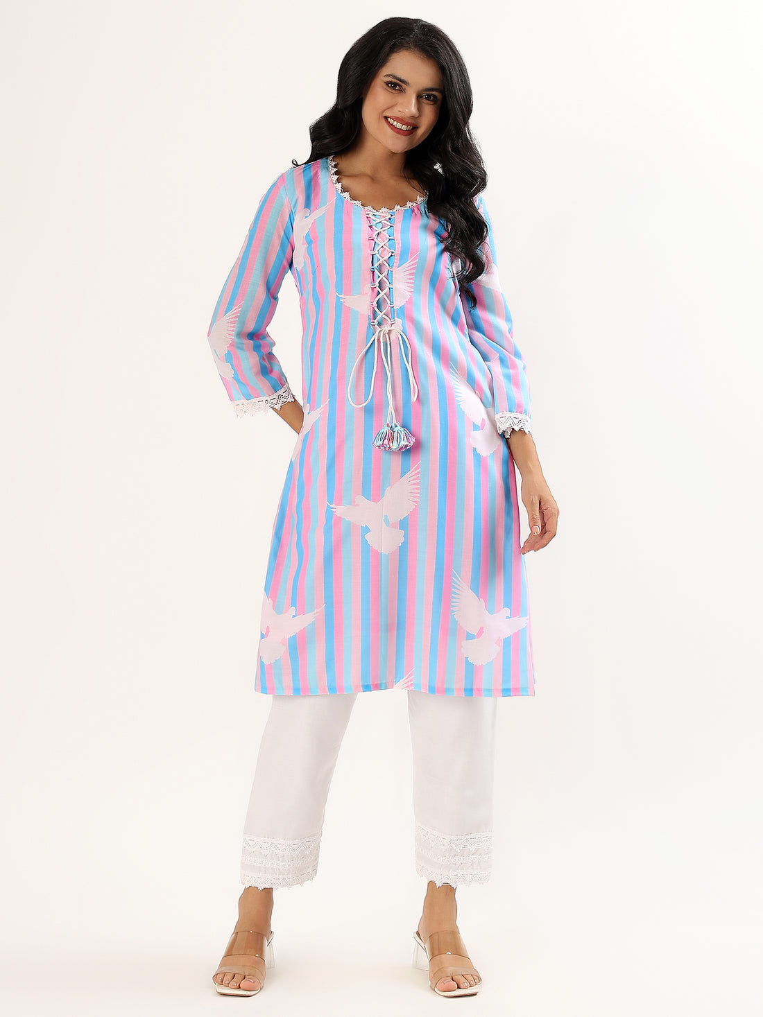 Pink & Blue stripes cum birds Cotton Kurta Set