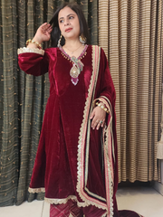 Ruby Red A Line Hand Embroidered Velvet Suit