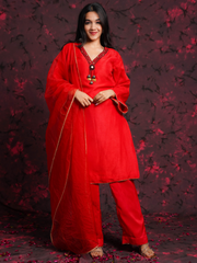 Red Hand Embroidered Raw Silk Suit Set