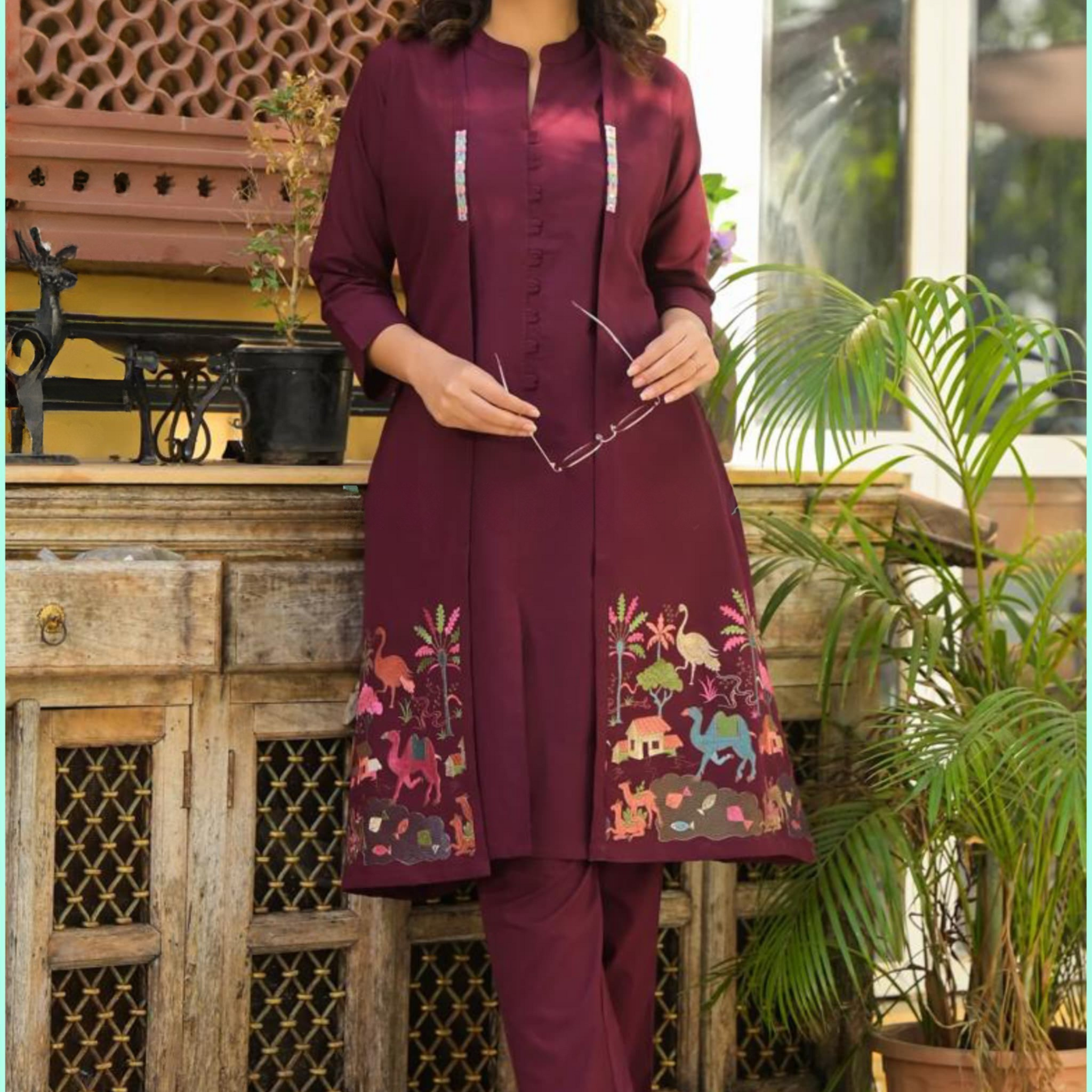 Three Pc Cotton Shurg Set with Thread & Embroidery Work