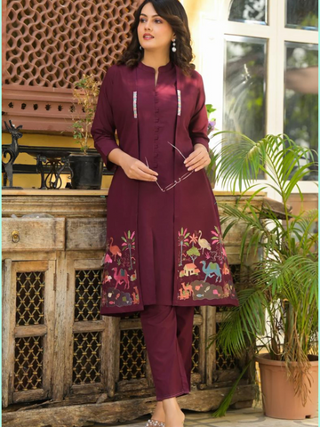 Three Pc Cotton Shurg Set with Thread & Embroidery Work