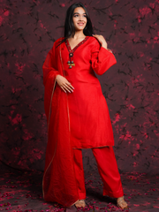 Red Hand Embroidered Raw Silk Suit Set