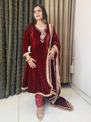 Ruby Red A Line Hand Embroidered Velvet Suit