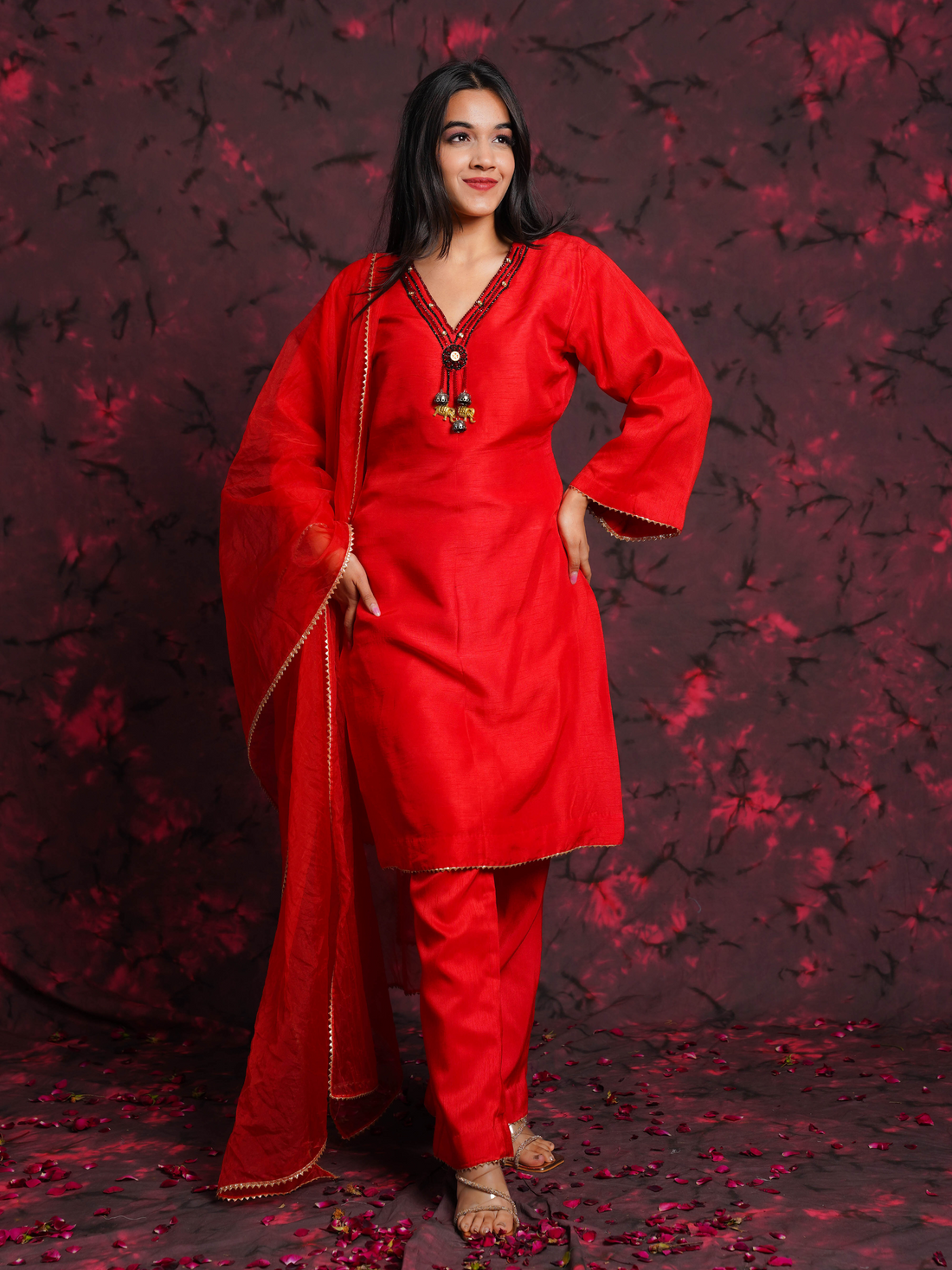 Red Hand Embroidered Raw Silk Suit Set