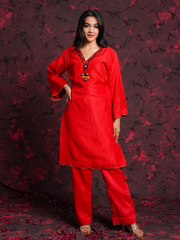 Red Hand Embroidered Raw Silk Suit Set