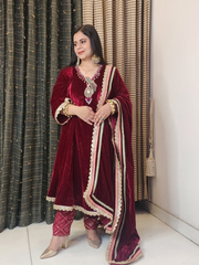 Ruby Red A Line Hand Embroidered Velvet Suit