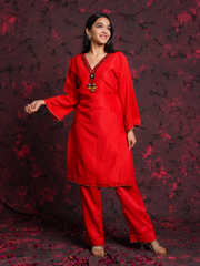 Red Hand Embroidered Raw Silk Suit Set