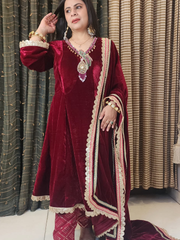 Ruby Red A Line Hand Embroidered Velvet Suit