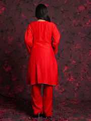 Red Hand Embroidered Raw Silk Suit Set