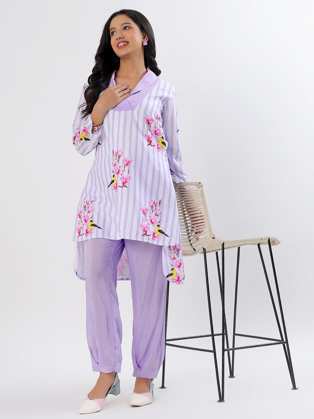 Lavender Stripes cum flowers magical wonderland Cotton Coord Set