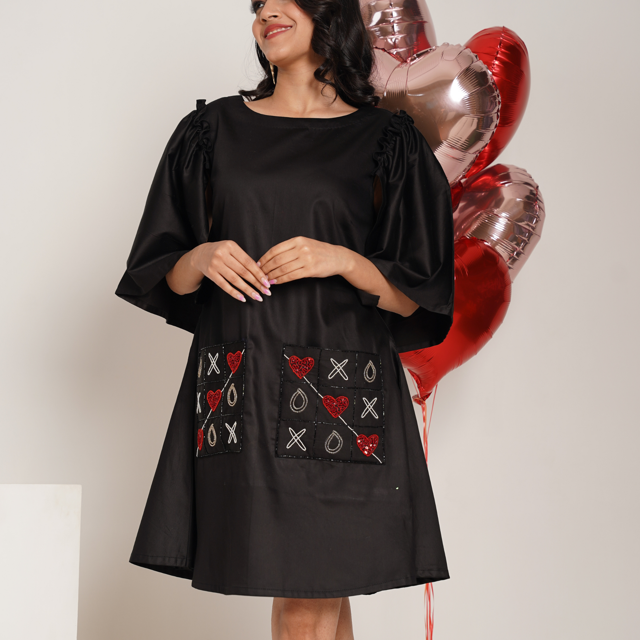 Criss Cross Black Hand Embroidered Pure Cotton A- shape dress
