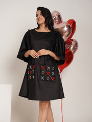 Criss Cross Black Hand Embroidered Pure Cotton A- shape dress