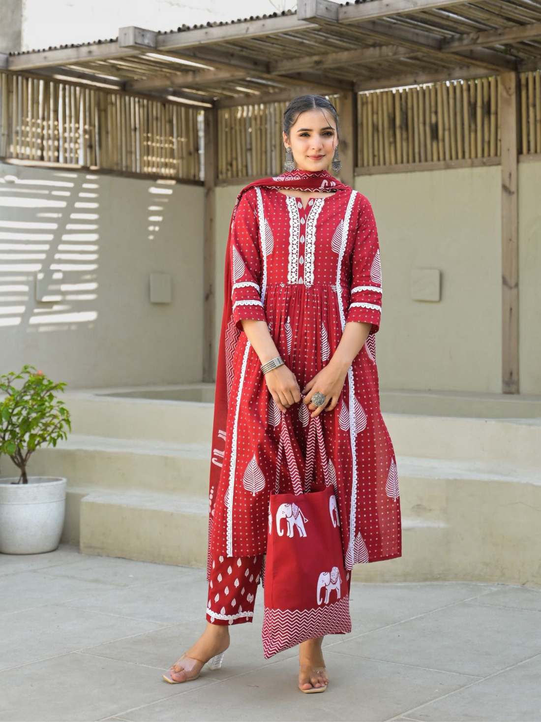 Pure Cotton Red Block Print Suit Set with Bag Set