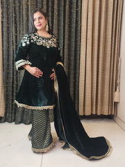 Bottle Green A Line Hand Embroidered Velvet Suit With Sharara