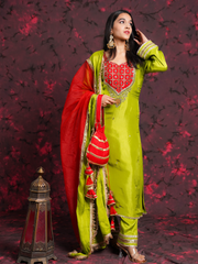 Sheeshphool Mehendi Green Silk Hand Embroidered Suit Set