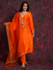 Pichwai Art Orange Silk Hand Embroidered Suit Set