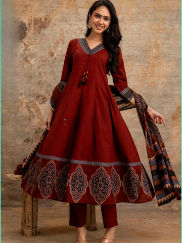 Premium Cotton Red Kurta Set with Ajrakh Print