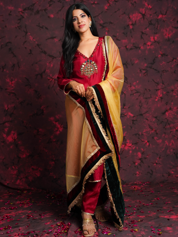Jewels Maroon Hand Embroidered Silk Suit
