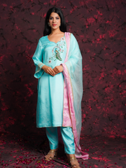 Mayuri Sky Blue Silk Hand Embroidered Suit Set