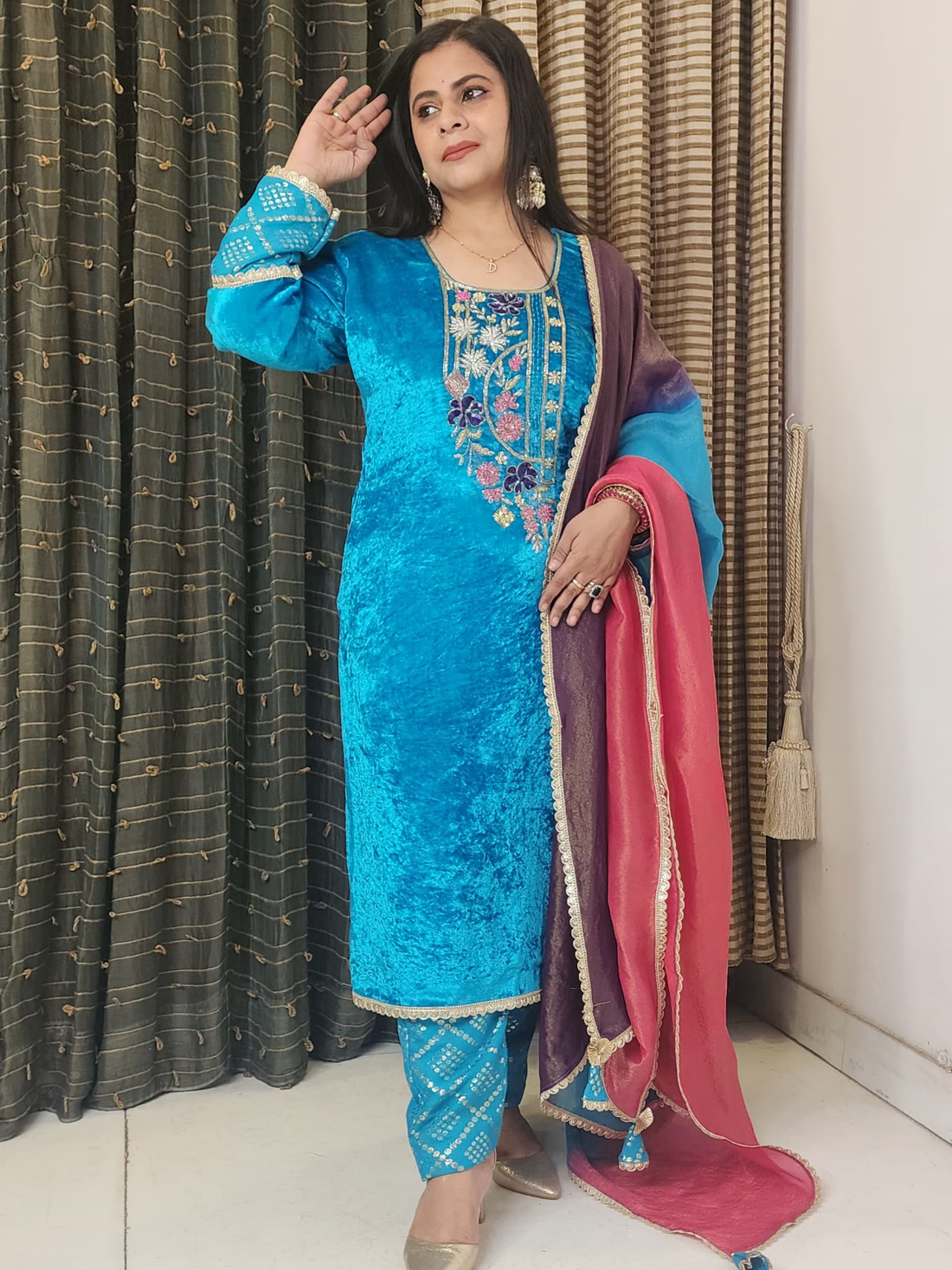 Turquoise Blue Velvet Embroidered  Suit