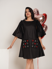 Criss Cross Black Hand Embroidered Pure Cotton A- shape dress