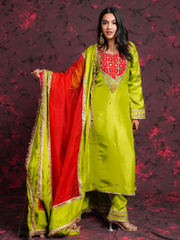 Sheeshphool Mehendi Green Silk Hand Embroidered Suit Set