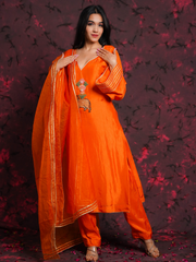 Pichwai Art Orange Silk Hand Embroidered Suit Set