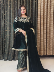 Bottle Green A Line Hand Embroidered Velvet Suit With Sharara