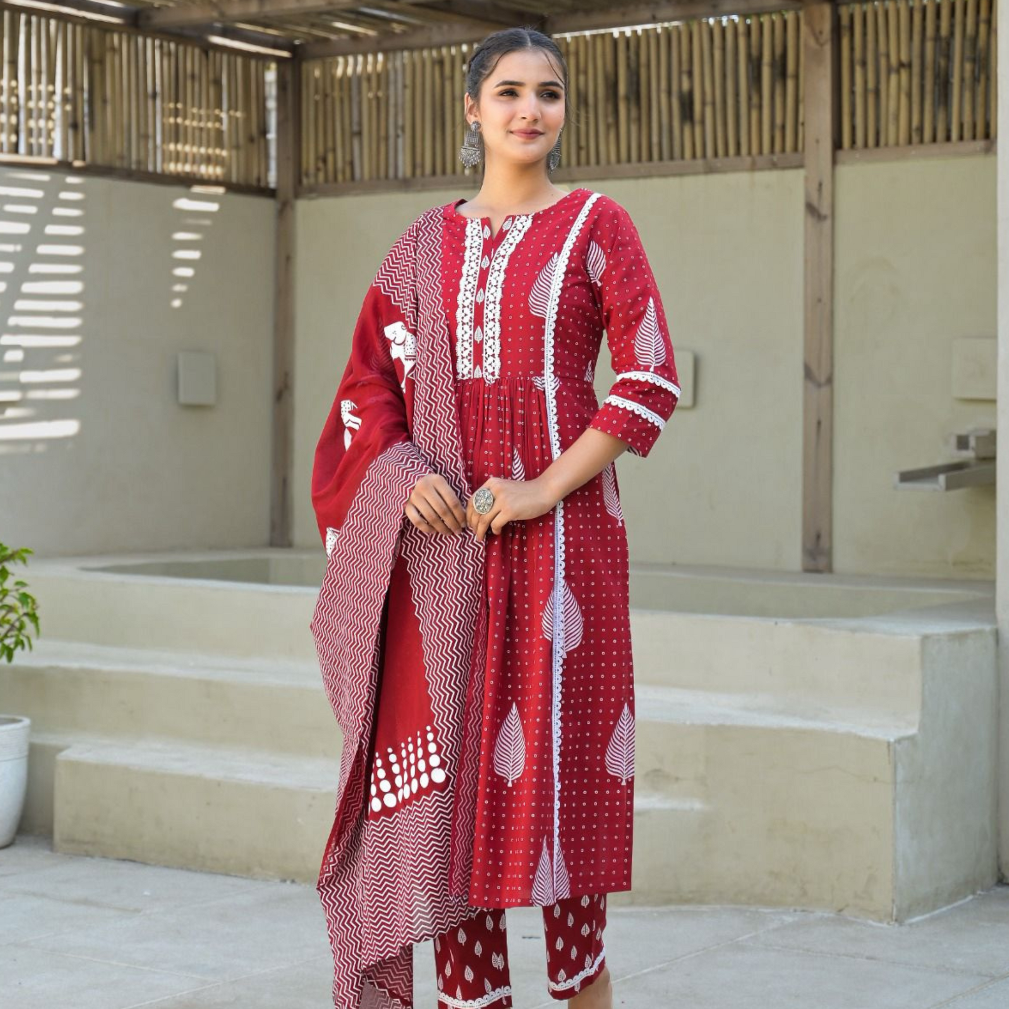 Pure Cotton Red Block Print Suit Set with Bag Set