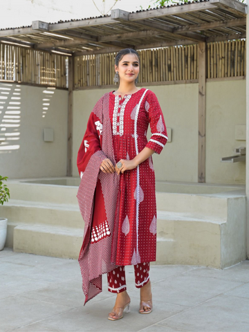 Pure Cotton Red Block Print Suit Set with Bag Set