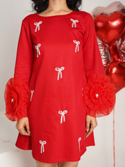 Knotty Affaire Red  Embroidered Pure Cotton A- shape dress